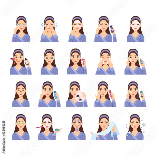 Isolated beautiful brunette woman doing face skin care routine, procedures with various cosmetics. Cartoon flat color style. White background.Vector stock illustration.