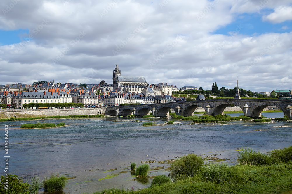 Blois, France. Scenic view of the Loire River, Saint-Louis Cathedral, Jaques Gabriel Bridge, 1724