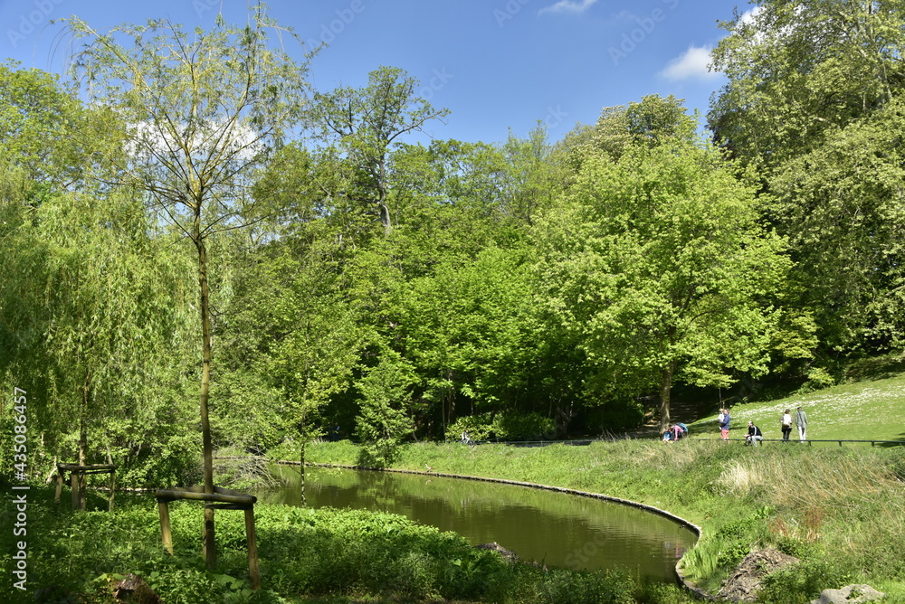 L'un des étangs sous la végétation luxuriante du printemps au parc Josaphat à Schaerbeek 