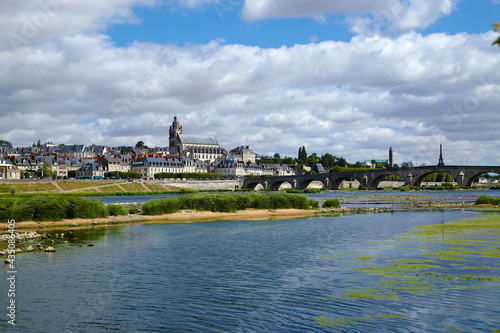 Blois, France. Scenic view of the Loire River, Saint-Louis Cathedral, Jaques Gabriel Bridge 
