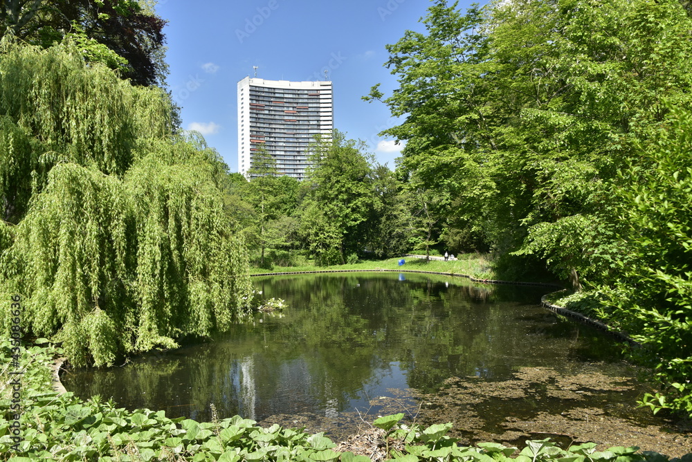 L'un des étangs entouré de végétation luxuriante et la tour d'habitation Brusillia se reflétant dans l'eau au parc Josaphat à Schaerbeek