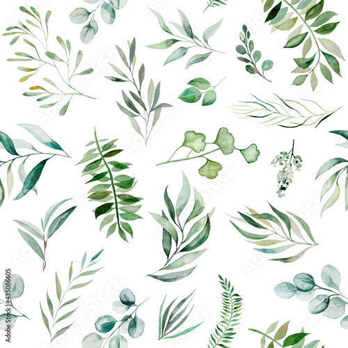Watercolor green leaves seamless pattern illustration