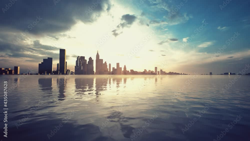 Skyline with skyscrapers and sea at sunset Skyline with skyscrapers and sea at sunset