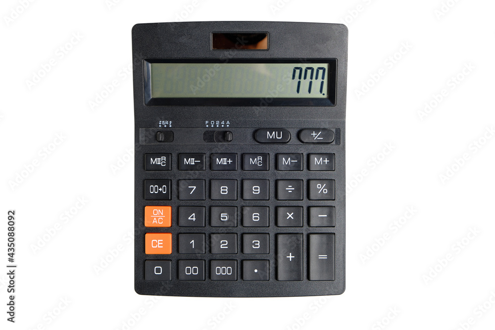 Black calculator on white background, isolate. Black calculator on white background, isolate.