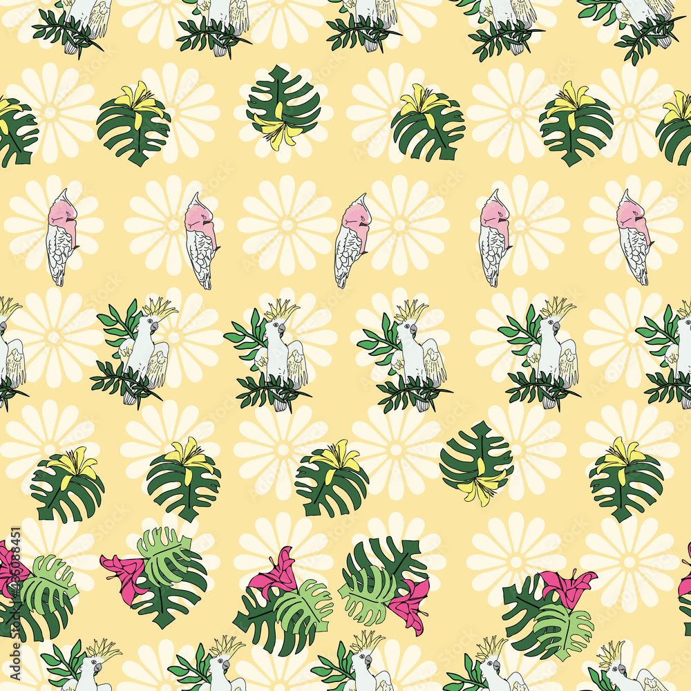 Vector pastel yellow background tropical birds, parrots, exotic cheese plant, monstera, hibiscus flowers. Seamless pattern background