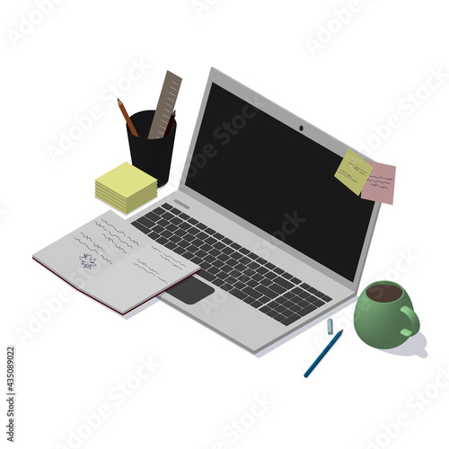 Cozy, compact and modern workplace in an isometric perspective. Workspace for an office worker, freelancer, designer, writer, programmer or student. Arranging a home office. Poster banner template