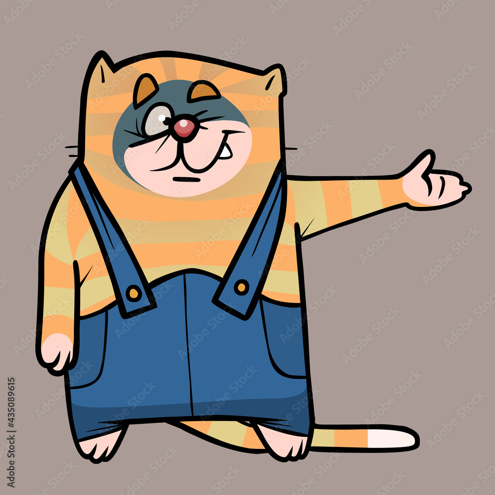 cartoon cat in cat costume points his hand to the side