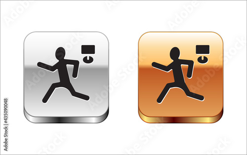 Black Murder icon isolated on white background. Body, bleeding, corpse, bleeding icon. Concept of crime scene. Silver and gold square buttons. Vector