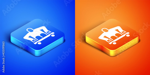 Isometric Man without legs sitting wheelchair icon isolated on blue and orange background. Disability concept. Guy with physical disabilities. Square button. Vector