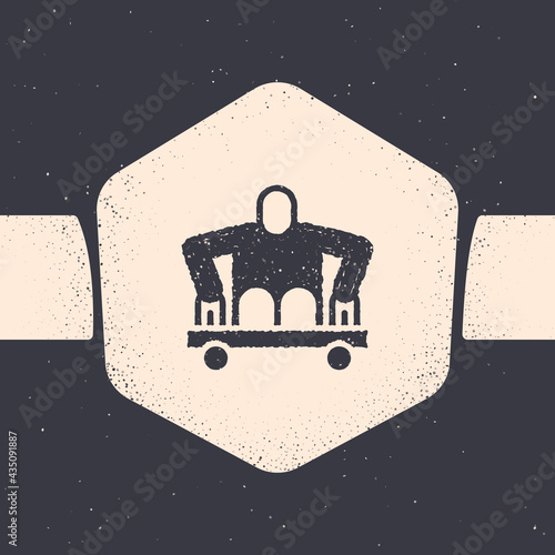 Grunge Man without legs sitting wheelchair icon isolated on grey background. Disability concept. Guy with physical disabilities. Monochrome vintage drawing. Vector