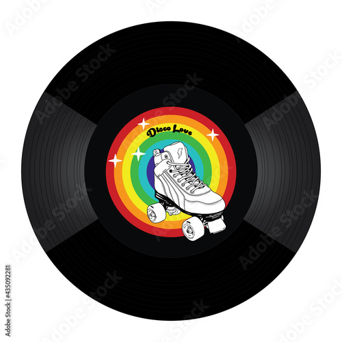 Roller skating retro vinyl record, love pride rainbow, disco party invitation, shirt print design. Derby skating illustration.