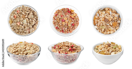 Set with different delicious granola on white background. Banner design