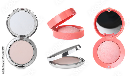 Containers with face powder and blusher on white background, banner design. Cosmetic products