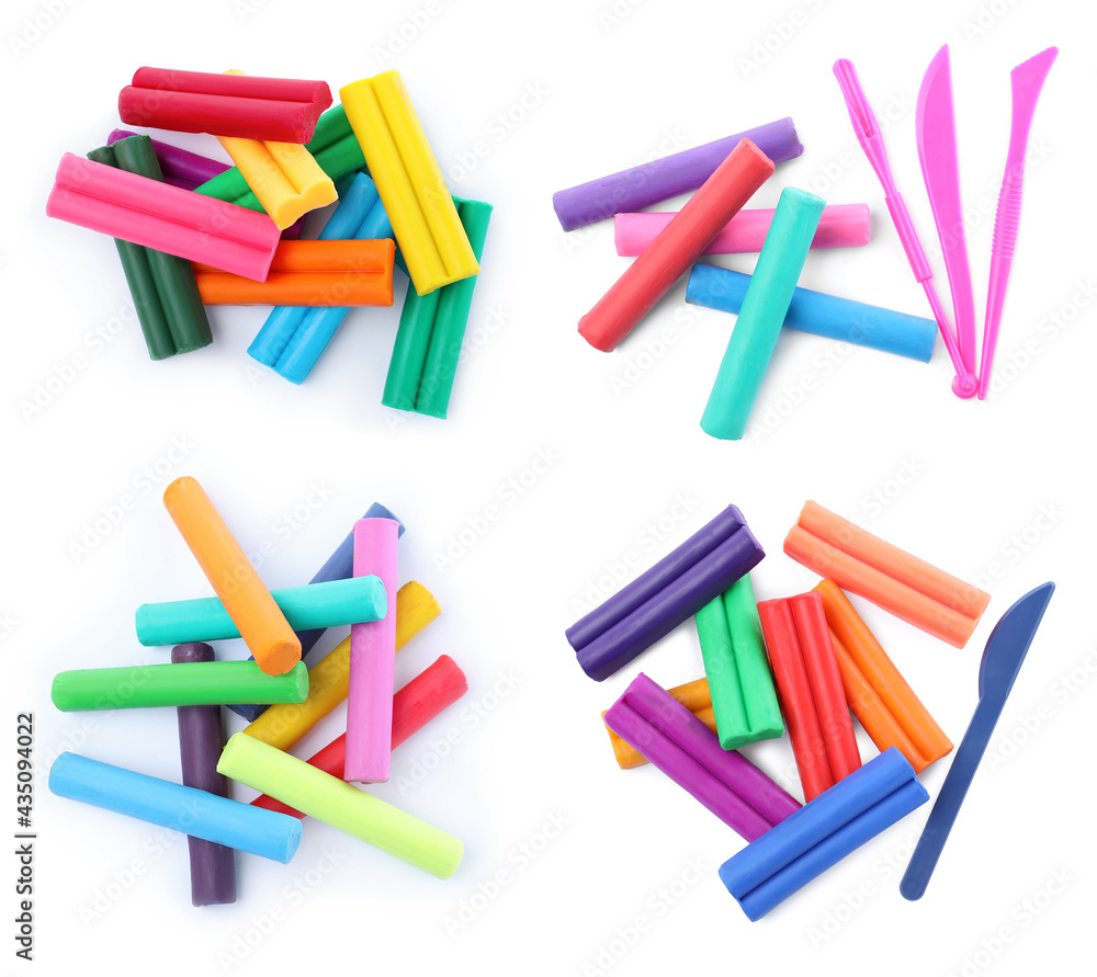 Set with different colorful plasticine pieces on white background, top view Set with different colorful plasticine pieces on white background, top view