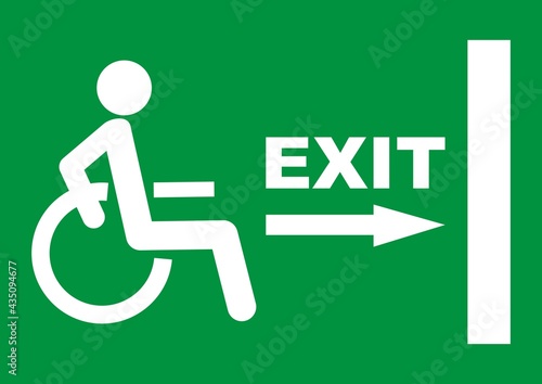 green exit sign plate with a disabled, man figure and arrow to the door as an instruction for directions in case of an emergency, vector icon