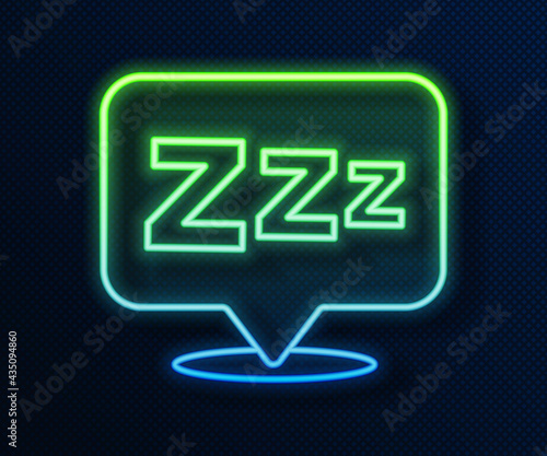 Glowing neon line Sleepy icon isolated on blue background. Sleepy zzz black talk bubble. Vector
