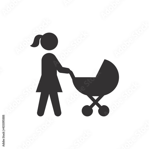 Mother and baby stroller black vector icon. Woman pushing pram symbol.