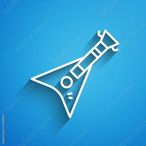White line Electric bass guitar icon isolated on blue background. Long shadow. Vector