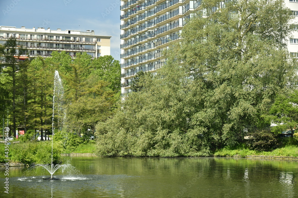 L'une des fontaines dans l'un des bras de l'étang d'Anderlecht en pleine végétation luxuriante contrastant avec les barres de la cité Jules Vives 