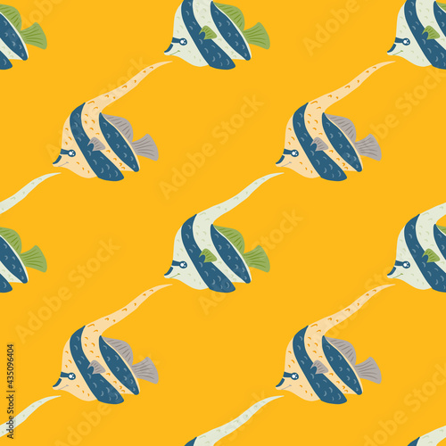 Underwater tropic seamless pattern with blue colored imperial angelfish ornament. Yellow background.