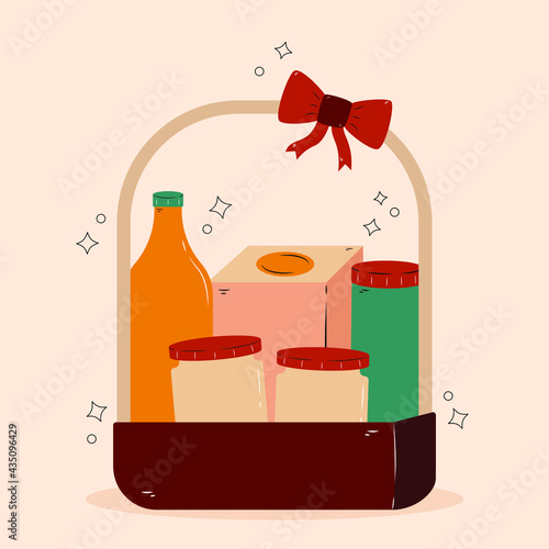 Hand drawn hampers or gift parcel with food and beverages snack jar inside vector design illustration