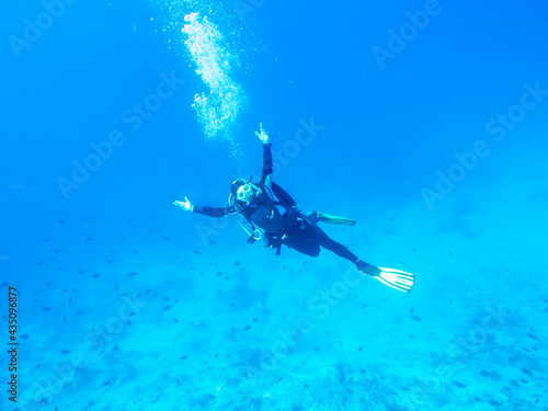 Fototapeta Naklejka Na Ścianę i Meble -  Diver girl soars over the bottom of the Indian Ocean