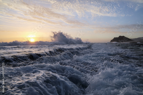 Sunrise at the famous mediterranean sea. Beautiful summer view seascape. Amazing sunrise. Morning landscape. Waves with foam. Romantic relax places Alanya, Antalya, Turkey, Asia © Vitalii_Mamchuk