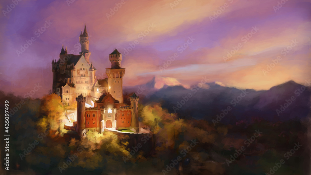 Castle in the night. Castele in mountains. Sunset landscape illustration. High resolution print. Castle in the night. Castele in mountains. Sunset landscape illustration. High resolution print.