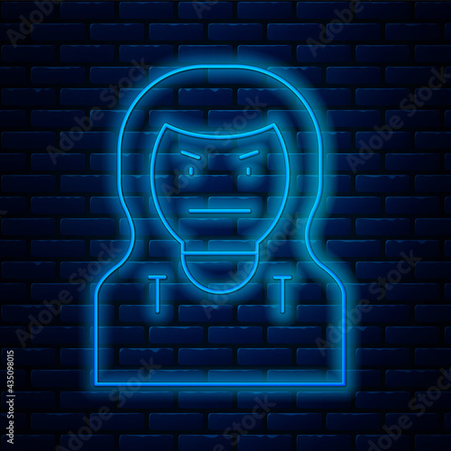 Glowing neon line Thief mask icon isolated on brick wall background. Bandit mask, criminal man. Vector