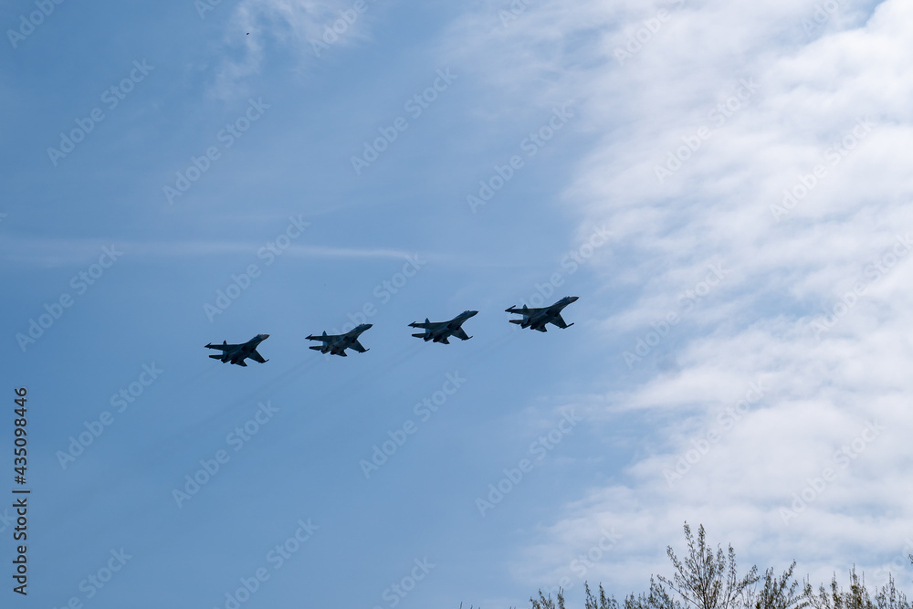 fighter jets in the blue sky. rehearsal of the victory parade. Airshow.