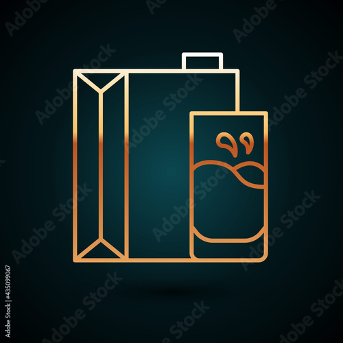 Gold line Paper package for milk and glass icon isolated on dark blue background. Milk packet sign. Vector