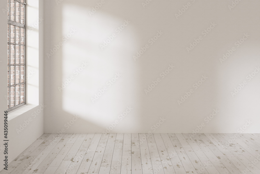 Interior of a light empty room with a large window, a wooden shabby floor, a white empty wall with sun glare. Front view. 3d render Interior of a light empty room with a large window, a wooden shabby floor, a white empty wall with sun glare. Front view. 3d render