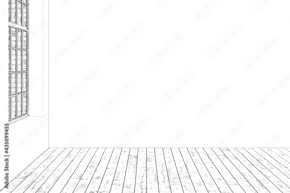 Sketch of the empty room with a large window, a tiled floor, a white blank wall. Front view. 3d render
