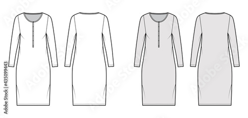 Dress henley collar technical fashion illustration with long sleeves, oversized body, knee length pencil skirt. Flat apparel front, back, white, grey color style. Women, men unisex CAD mockup