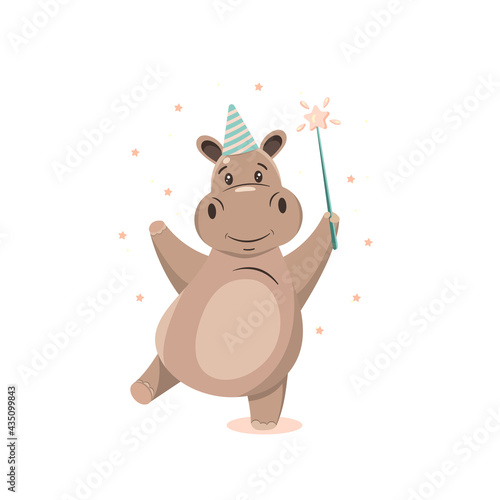 Cute hippo with a magic wand in his hand, a cap on his head, on a white background.