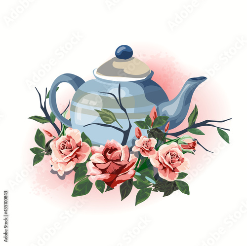 Illustration household items gift teapot decorated with flowers. Cute little romantic pictures with flowers. Beautiful pink roses.Isolated