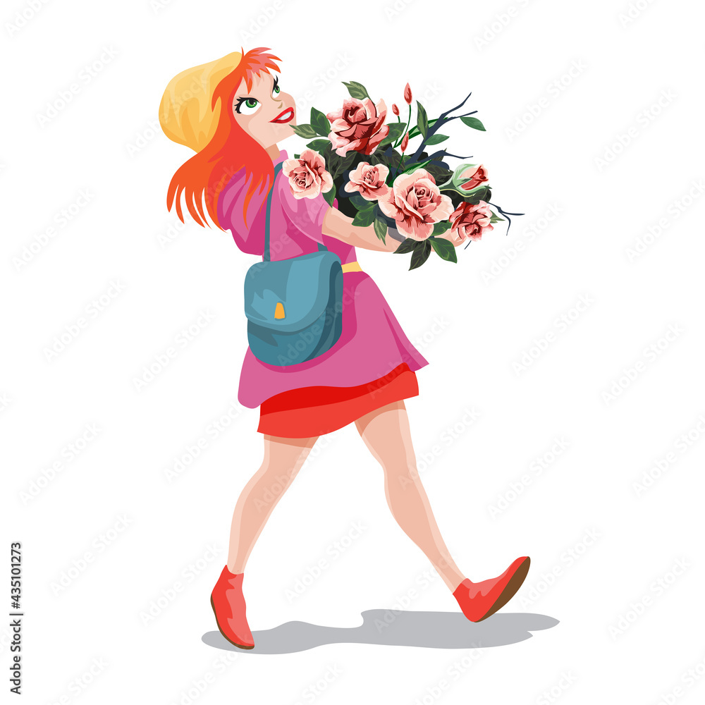 Valentines day greeting card. A cute cheerful girl in red hair walks and carries a huge bouquet of flowers in her hands. Girl character on white background. Isolated,vector illustration Valentines day greeting card. A cute cheerful girl in red hair walks and carries a huge bouquet of flowers in her hands. Girl character on white background. Isolated,vector illustration