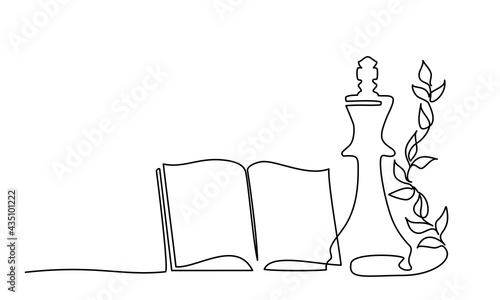 Opened book with chess queen and plant. One line drawing