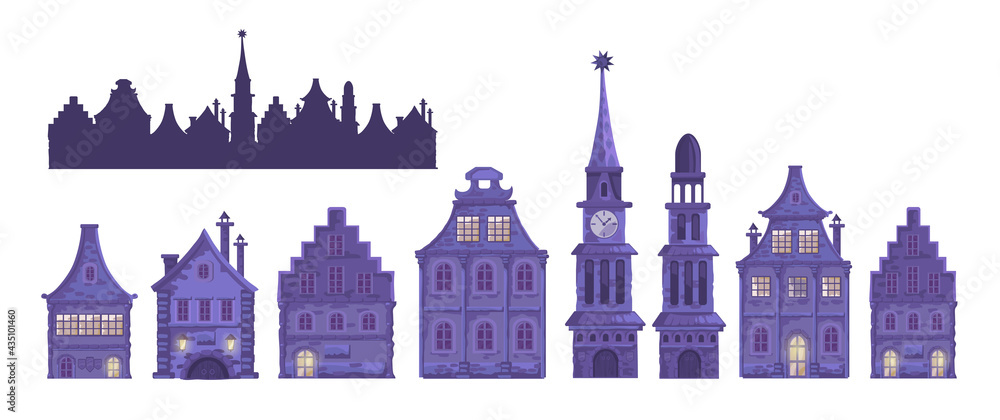 Fototapeta premium Set with traditional European old town.Town hall, chapel, beautiful houses, city street. Vector cartoon ancient buildings on white background. Isolated