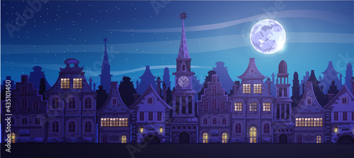 Traditional European old town.Town hall, chapel, beautiful houses, city street. Night city, moon. Vector cartoon landscape with ancient buildings