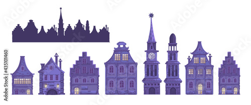 Set with traditional European old town.Town hall, chapel, beautiful houses, city street. Vector cartoon ancient buildings on white background. Isolated
