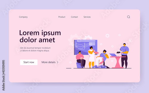 Children doing school robotics project. Group of students making robot, child sitting, teacher holding robotic head. Robotics, engineering technology, robots presentation, school project concept