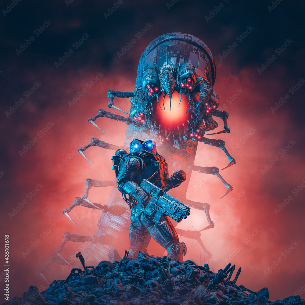 Alien monster hunter soldier / 3D illustration of science fiction military  robot warrior confronting giant robotic insect with ominous red sky  background Illustration Stock | Adobe Stock