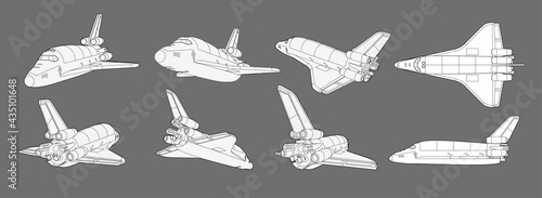 Vector set with spaceship, space shuttle. Collection with 3d views old spaceship, plane. Coloring page with 3d models. Isolated
