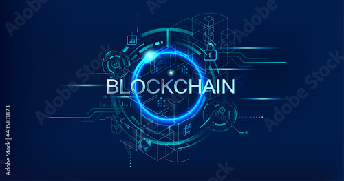 Blockchain banner for decentralized financial system, cryptocurrency, confirmation, ledger and digital asset. Futuristic vector landing page concept background.