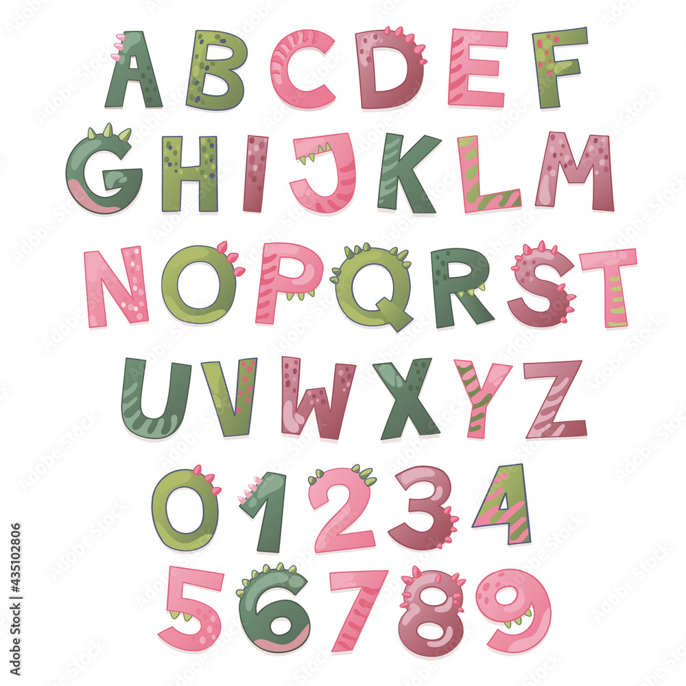 Cartoon cute Dinosaur alphabet. Dino font with letters and numbers. Children Vector illustration for t-shirts, cards, posters, birthday party events, paper design, kids and nursery design Cartoon cute Dinosaur alphabet. Dino font with letters and numbers. Children Vector illustration for t-shirts, cards, posters, birthday party events, paper design, kids and nursery design