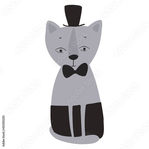 A cat in trousers, a bow tie and a cartoon-style hat. Gray vector cat.