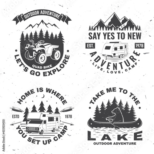Set of camping badges. Vector illustration Concept for shirt or logo, print, stamp or tee. Vintage typography design with quad bike, bear in canoe, camper trailer and forest silhouette.