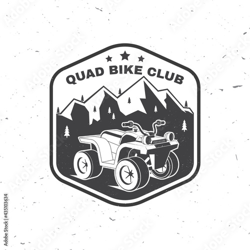 Quad bike club. Summer camp. Vector illustration Concept for shirt or logo, print, stamp or tee. Vintage typography design with quad bike and forest silhouette. Camping quote.