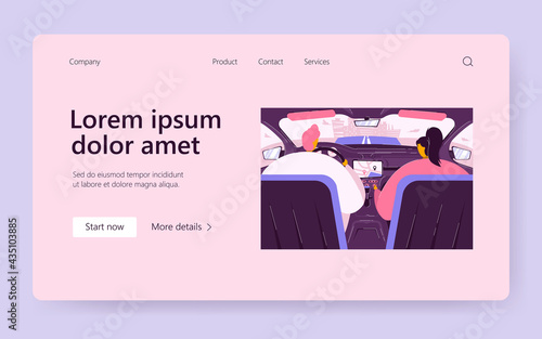 Driver and passenger using navigation app inside car. Backseat view of couple driving and riding vehicle, going along road to city. Vector illustration for driving application, travel, taxi concept